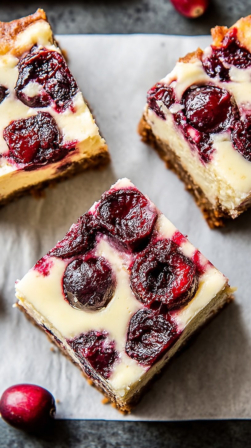 A square cranberry cheesecake bar with a vibrant red swirl on a white plate