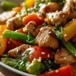 A colorful stir fry with ground turkey, broccoli, peppers, and snap peas in a savory glaze