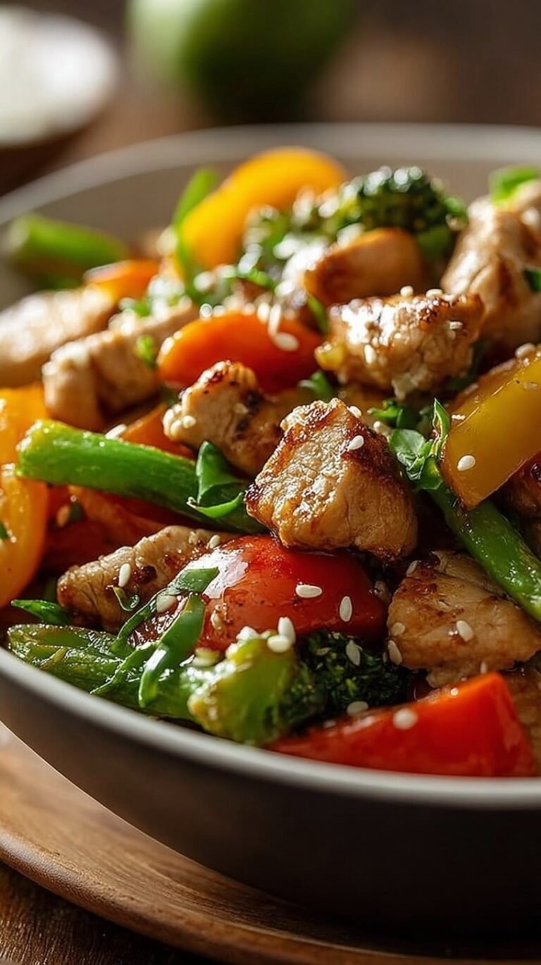 A colorful stir fry with ground turkey, broccoli, peppers, and snap peas in a savory glaze