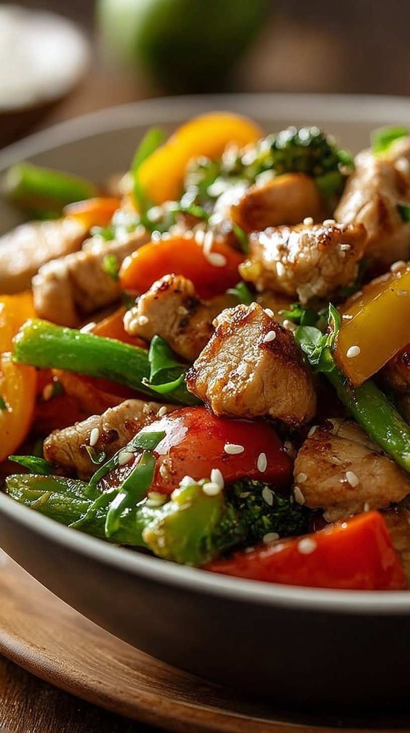 A colorful stir fry with ground turkey, broccoli, peppers, and snap peas in a savory glaze