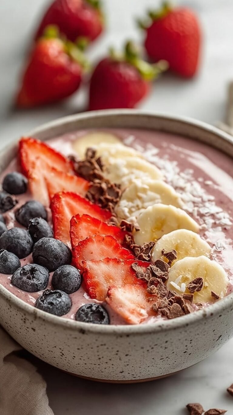 A thick pink strawberry smoothie bowl topped with granola, fresh strawberry slices, and chia seeds.