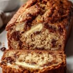 A golden loaf of protein banana bread sliced on a wooden board with a white background.