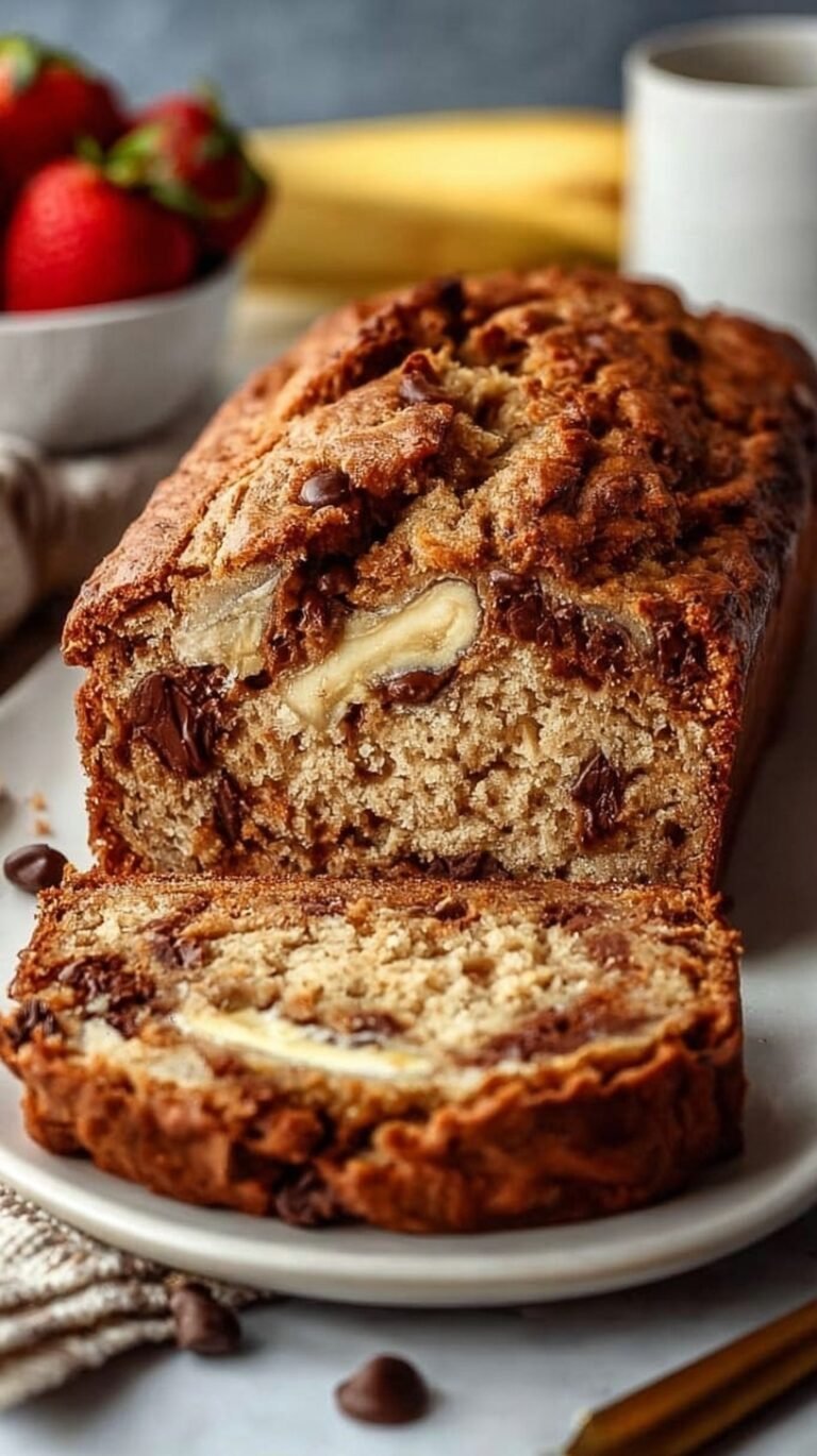A golden loaf of protein banana bread sliced on a wooden board with a white background.