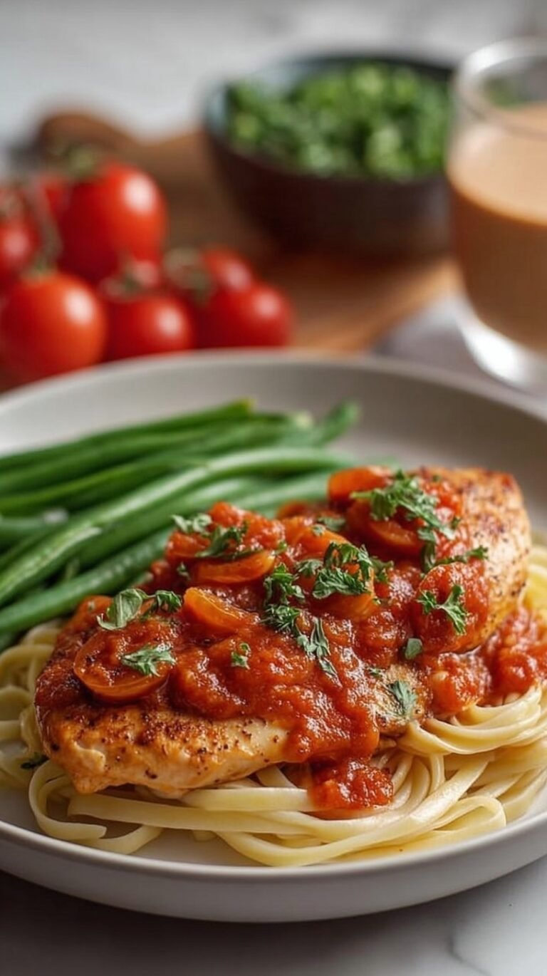 Pan-seared chicken cutlets simmering in a fresh tomato marinara sauce with green basil garnish.
