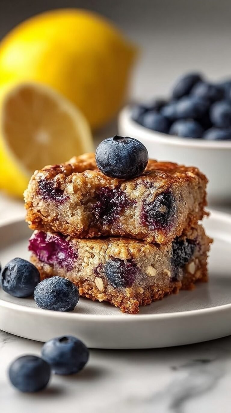 A stack of rectangular protein blueberry lemon snack bars showing oats and dried blueberries on a wooden board.