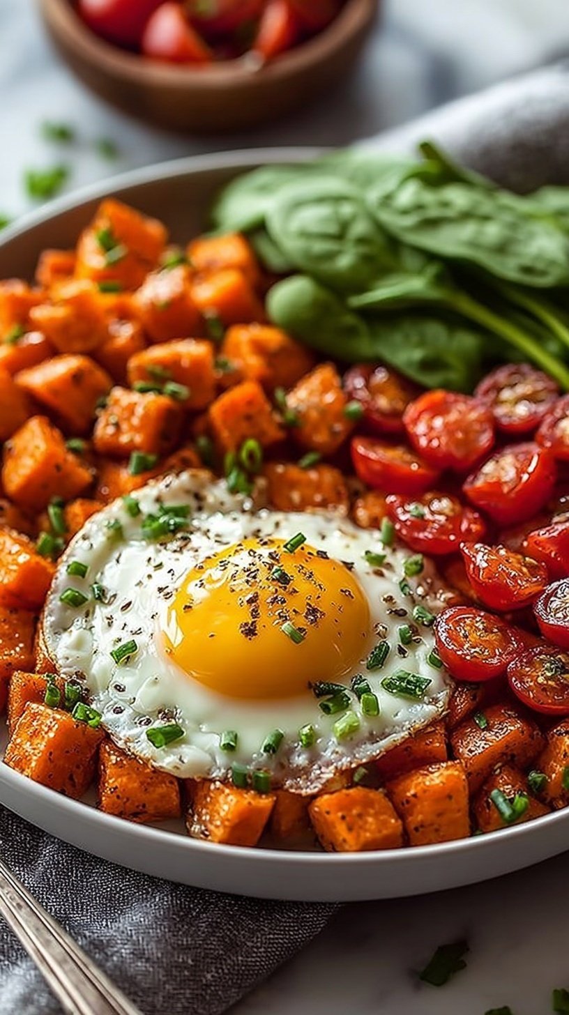 A colorful breakfast plate with soft scrambled eggs, smoked salmon, grilled asparagus spears, and sliced avocado.