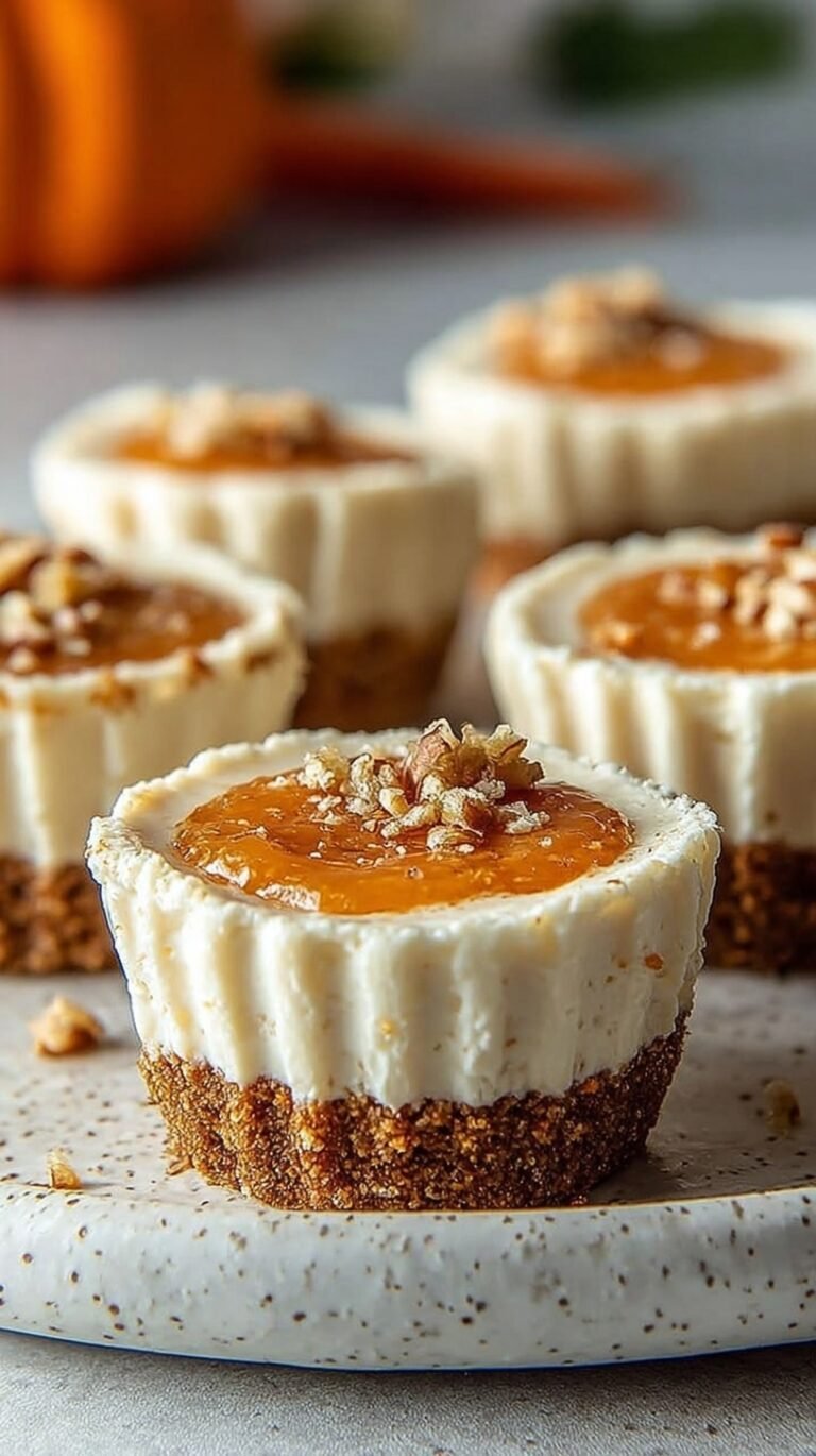 Mini carrot cake cheesecake cups topped with chopped walnuts on a white plate
