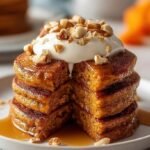 A stack of golden brown carrot cake protein pancakes topped with yogurt and walnuts.