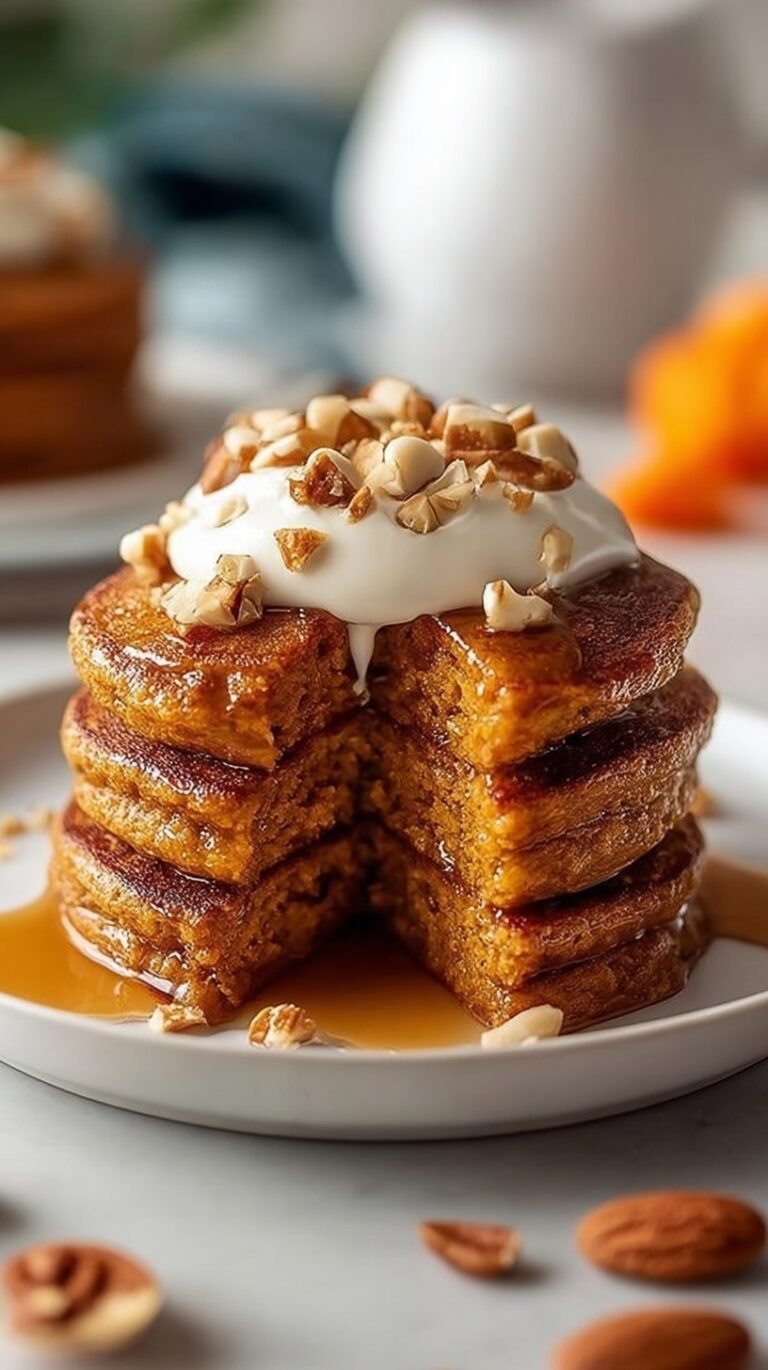 A stack of golden brown carrot cake protein pancakes topped with yogurt and walnuts.