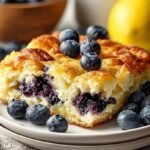 A golden baked lemon ricotta breakfast dish topped with fresh blueberries in a round white baking pan.