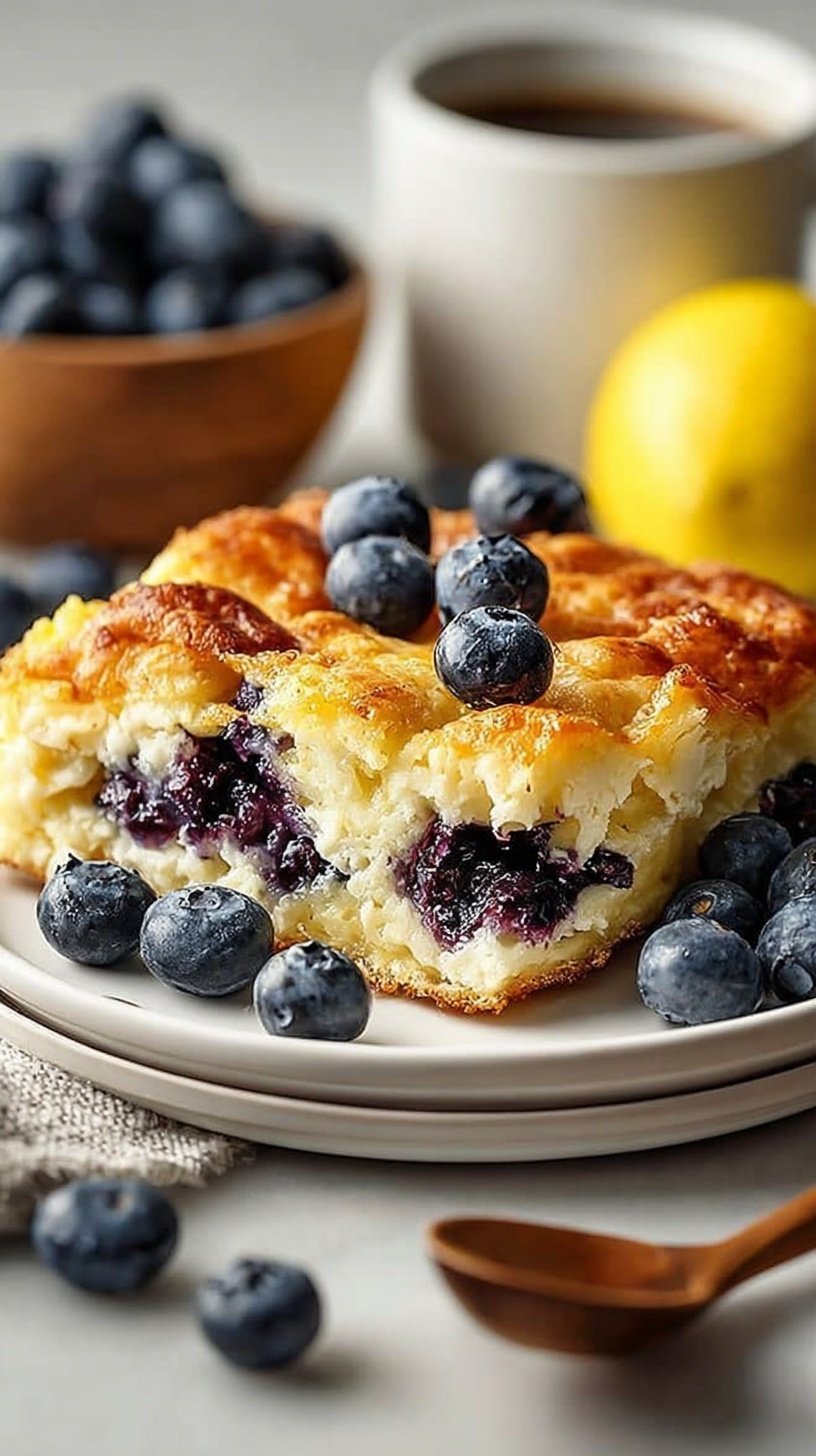 A golden baked lemon ricotta breakfast dish topped with fresh blueberries in a round white baking pan.