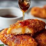 Crispy golden air fryer chicken tenders coated in a shiny honey glaze on a platter