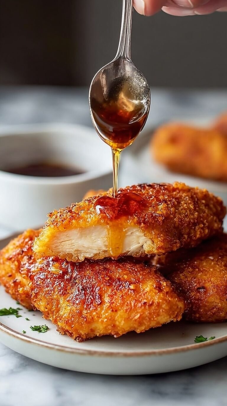 Crispy golden air fryer chicken tenders coated in a shiny honey glaze on a platter