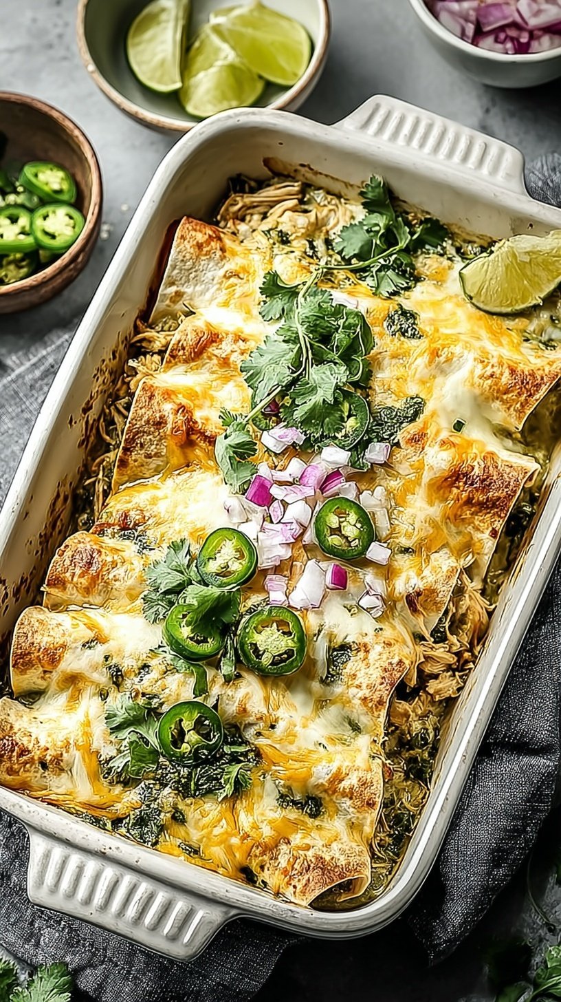 A 9x13 baking dish filled with cheesy green chicken enchiladas topped with sour cream, onions, and fresh cilantro.