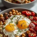 Four colorful brunch bowls filled with quinoa, roasted asparagus, carrots, and soft-boiled eggs on a wooden table.