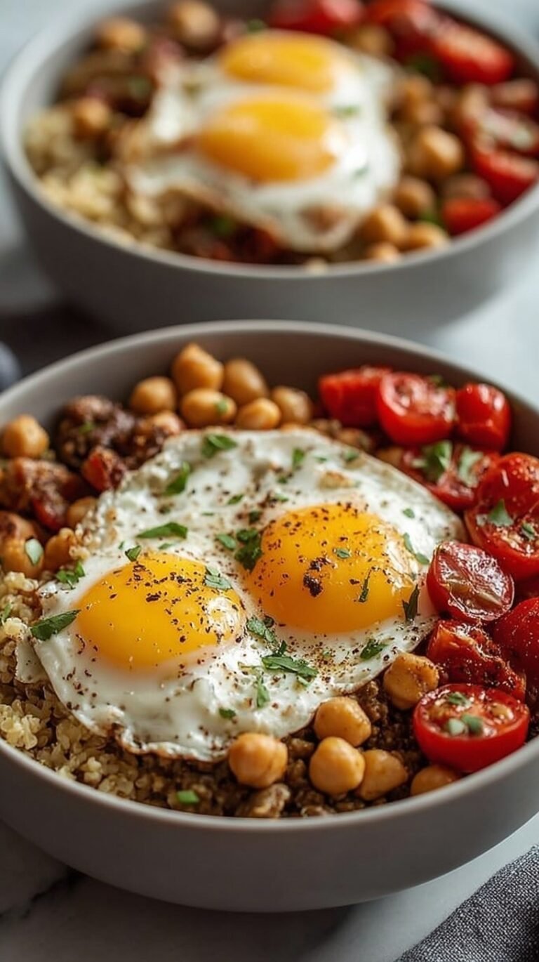 Four colorful brunch bowls filled with quinoa, roasted asparagus, carrots, and soft-boiled eggs on a wooden table.
