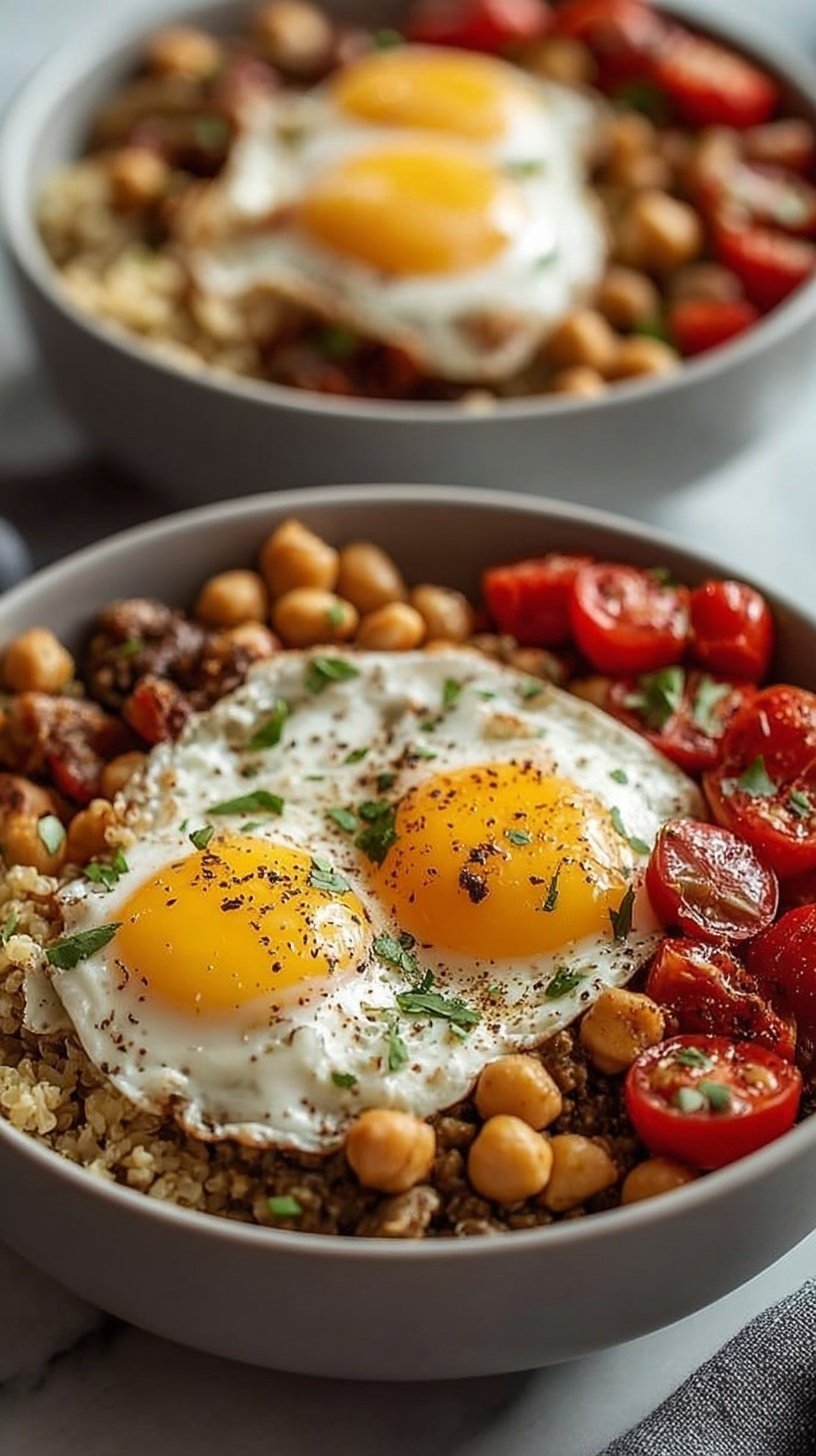 Four colorful brunch bowls filled with quinoa, roasted asparagus, carrots, and soft-boiled eggs on a wooden table.
