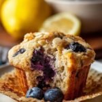 A stack of fresh protein lemon blueberry muffins on a wire cooling rack with lemon slices and fresh berries nearby