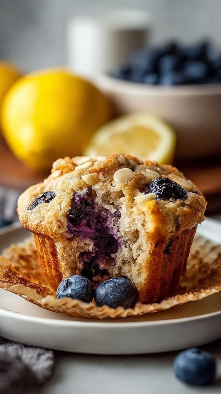 A stack of fresh protein lemon blueberry muffins on a wire cooling rack with lemon slices and fresh berries nearby