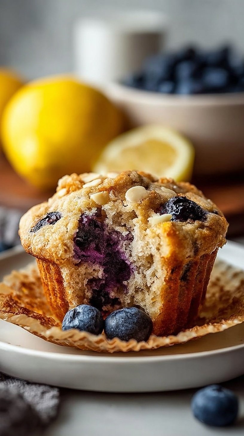 A stack of fresh protein lemon blueberry muffins on a wire cooling rack with lemon slices and fresh berries nearby