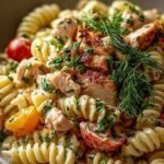 A bowl of creamy high protein chicken pasta salad with diced chicken, cucumber, and fresh dill.