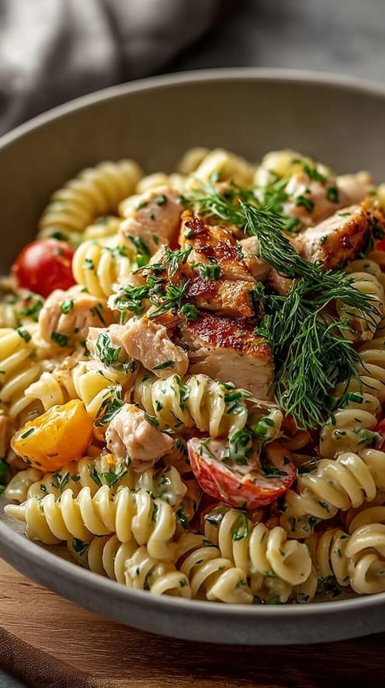 A bowl of creamy high protein chicken pasta salad with diced chicken, cucumber, and fresh dill.