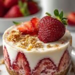 A creamy yogurt bowl topped with sliced strawberries and graham cracker crumbs.