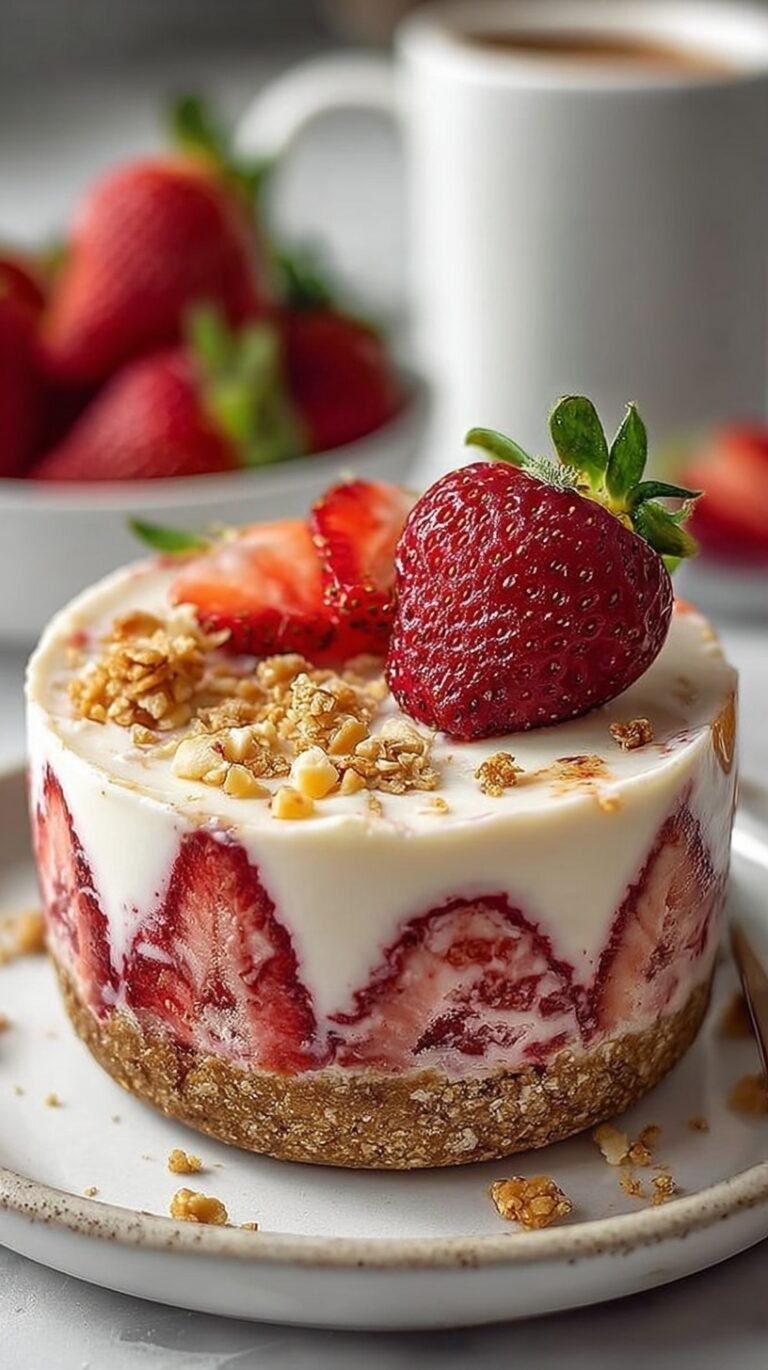 A creamy yogurt bowl topped with sliced strawberries and graham cracker crumbs.