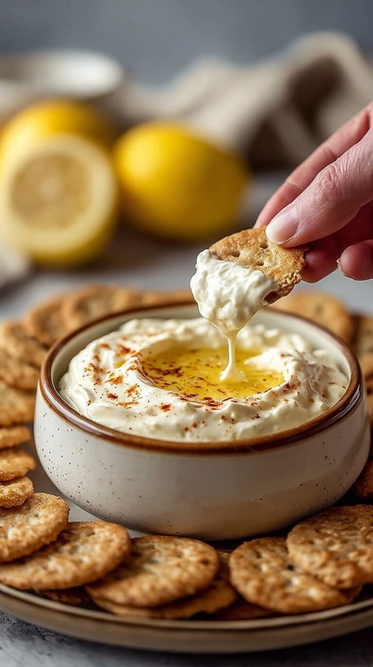 A bowl of creamy lemon cheesecake dip topped with graham cracker crumbs and served with fresh fruit.
