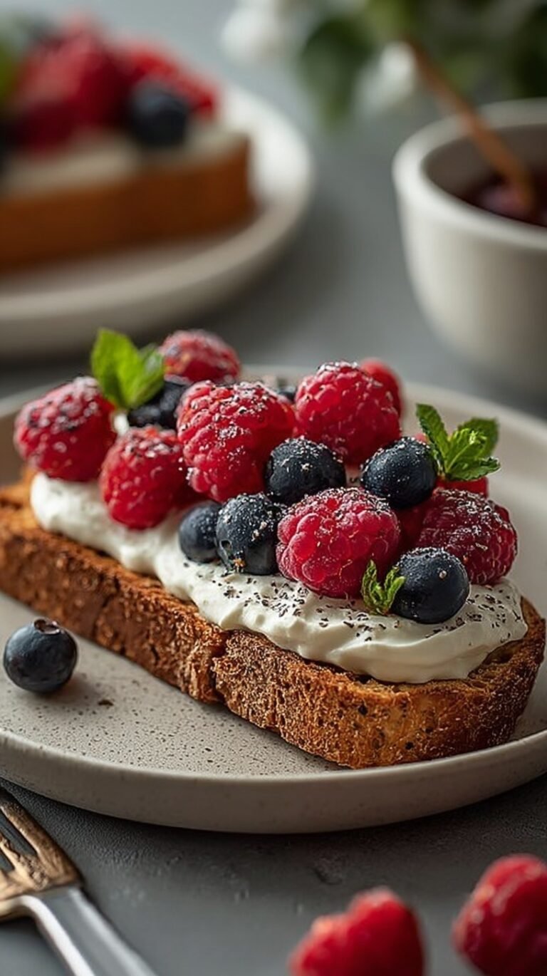 Two slices of golden toast topped with smooth whipped cottage cheese, fresh blueberries, raspberries, and lemon zest.