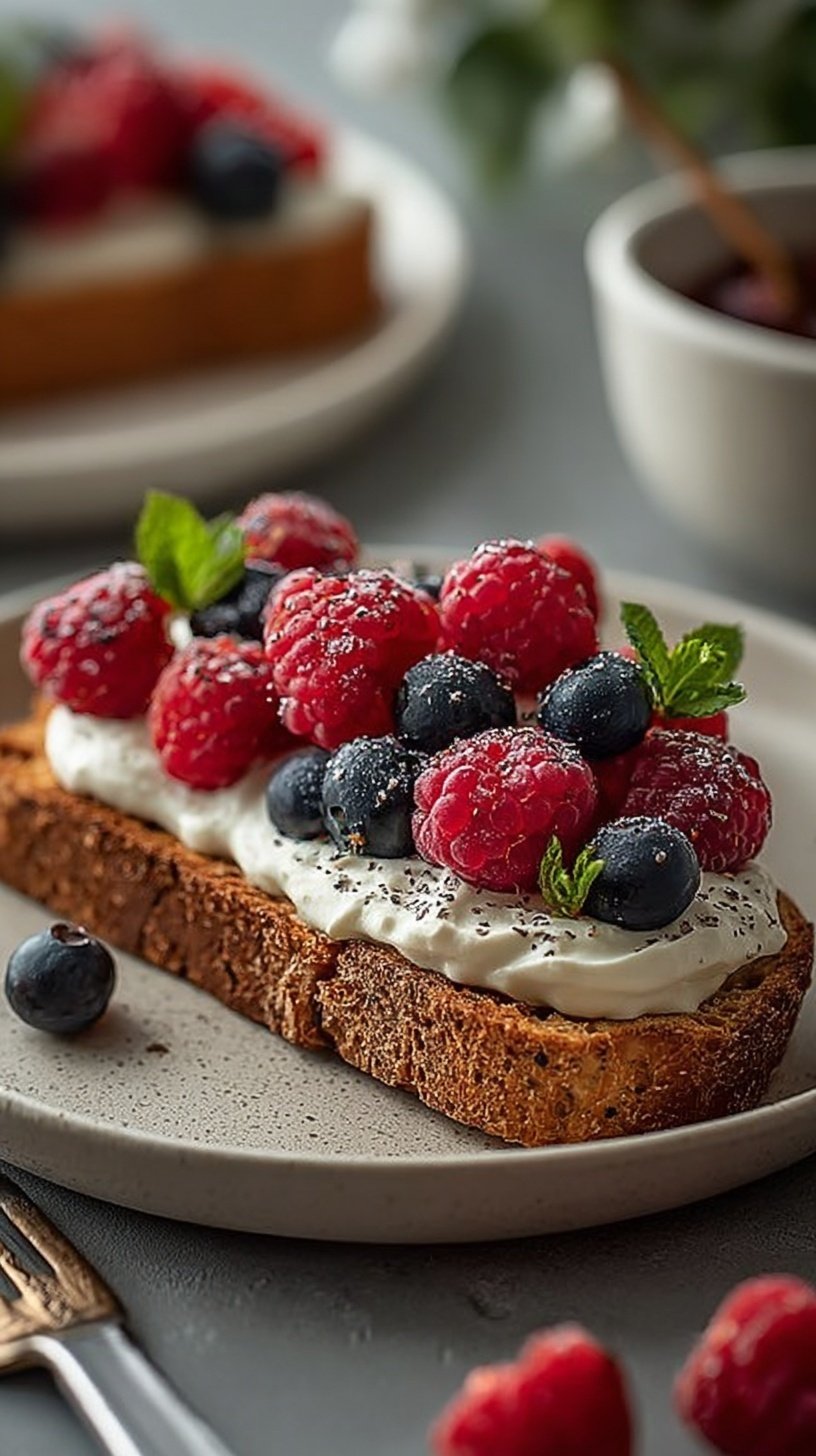 Two slices of golden toast topped with smooth whipped cottage cheese, fresh blueberries, raspberries, and lemon zest.