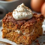 A warm ramekin of carrot cake baked oats topped with walnuts and raisins