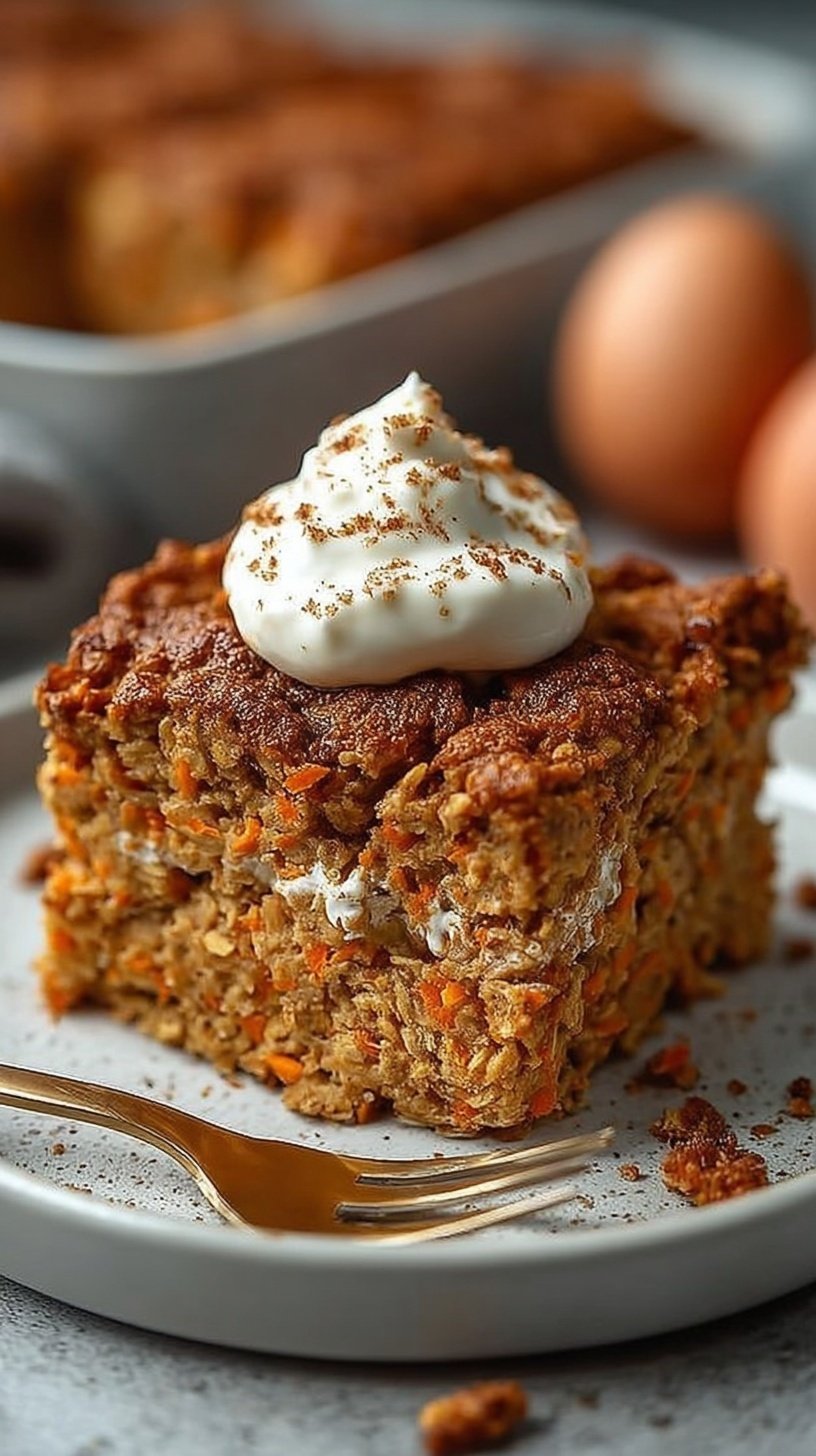 A warm ramekin of carrot cake baked oats topped with walnuts and raisins
