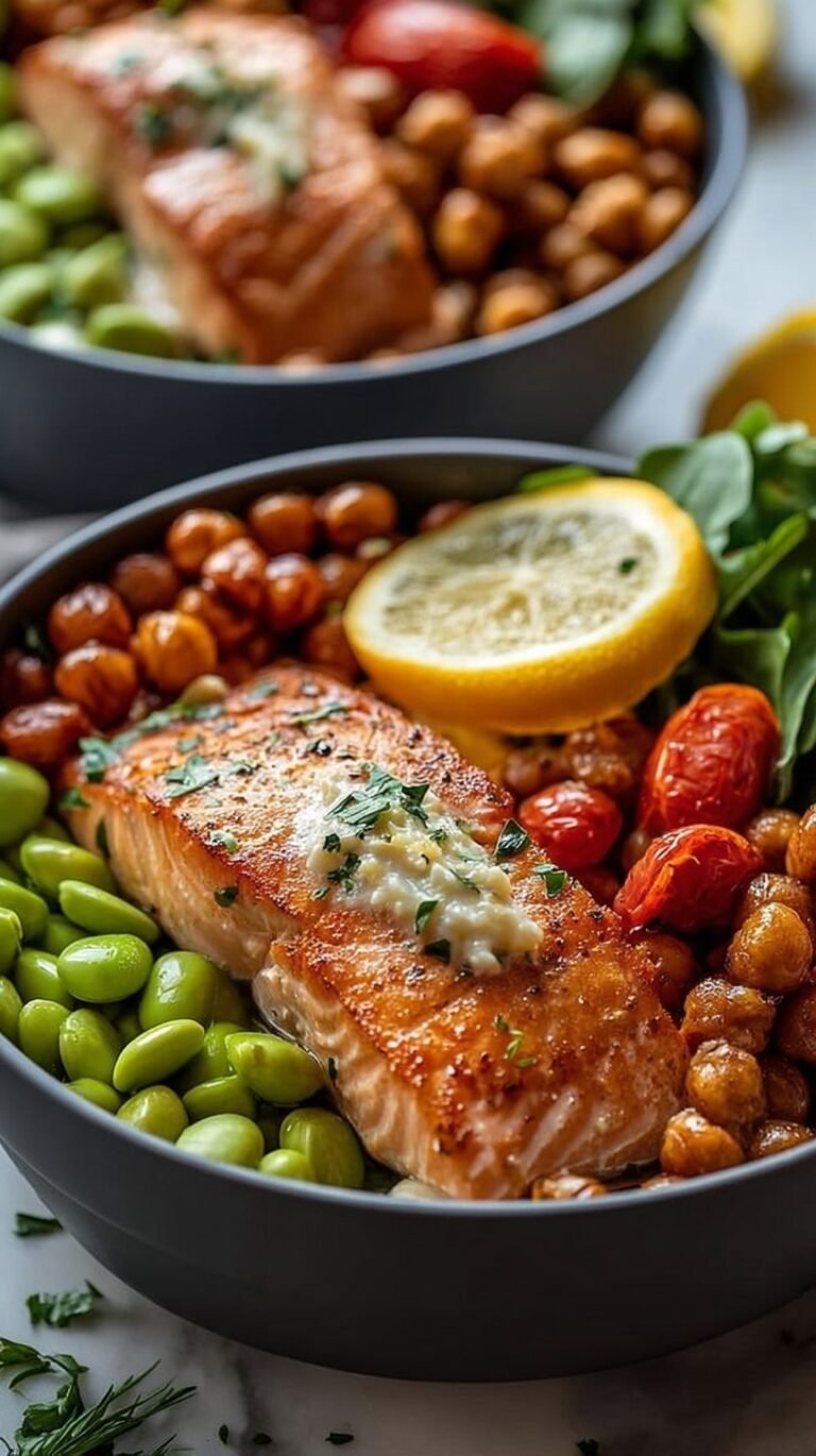Two colorful salmon bowls with rice, spinach, cucumber, and avocado slices.
