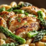 Golden brown chicken pieces and bright green asparagus in a skillet with lemon and garlic.