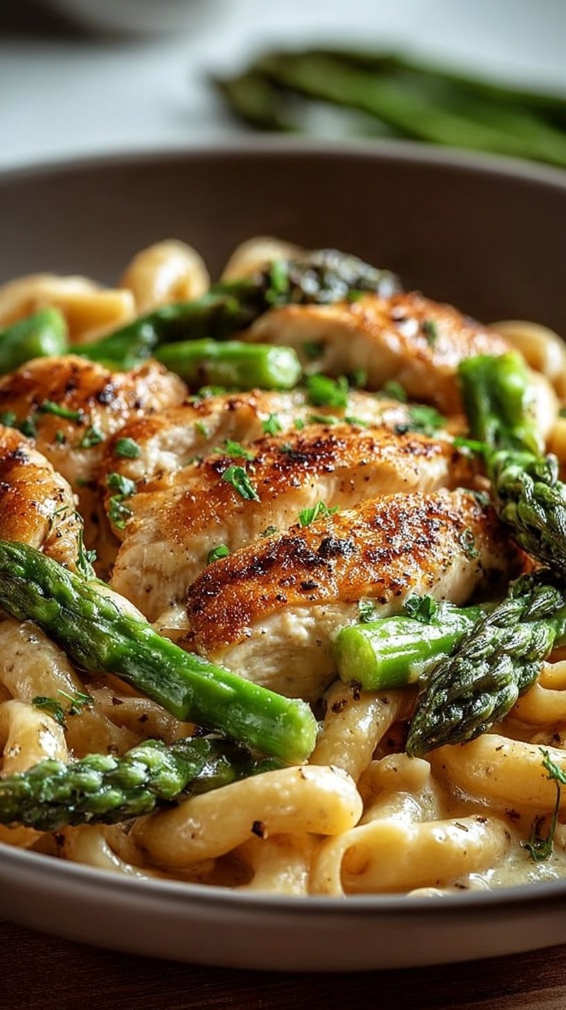 Golden brown chicken pieces and bright green asparagus in a skillet with lemon and garlic.