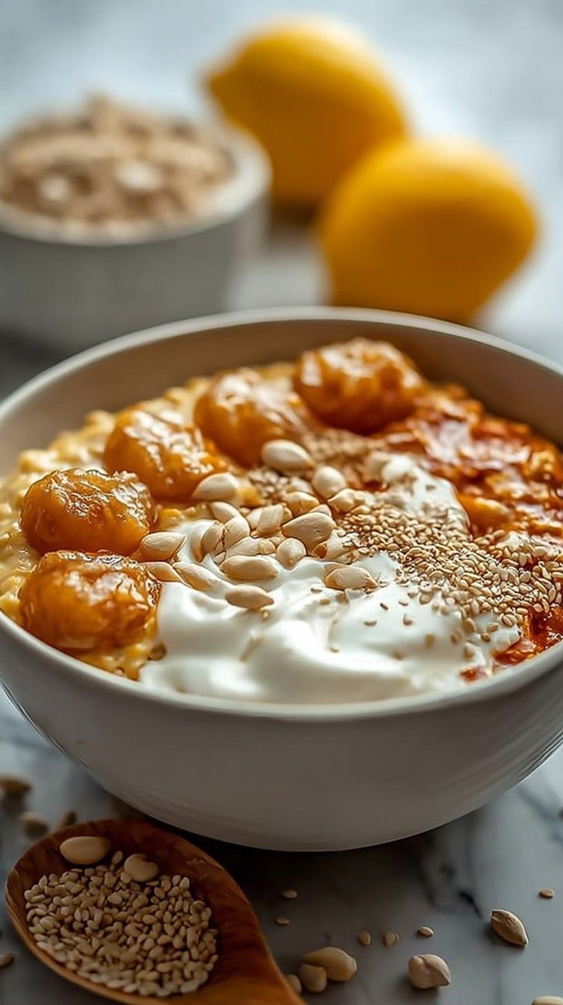 A bright Greek yogurt bowl topped with lemon zest, poppyseeds, blueberries, and sliced almonds.