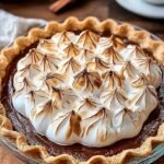 A beautiful Spiced Chai Pumpkin Pie with a toasted meringue topping on a rustic table.