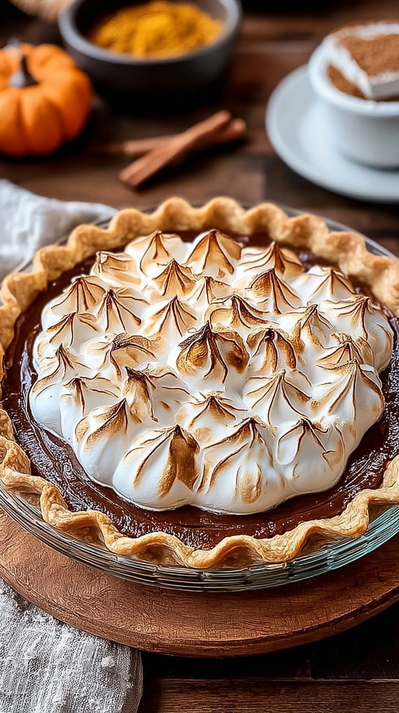 A beautiful Spiced Chai Pumpkin Pie with a toasted meringue topping on a rustic table.