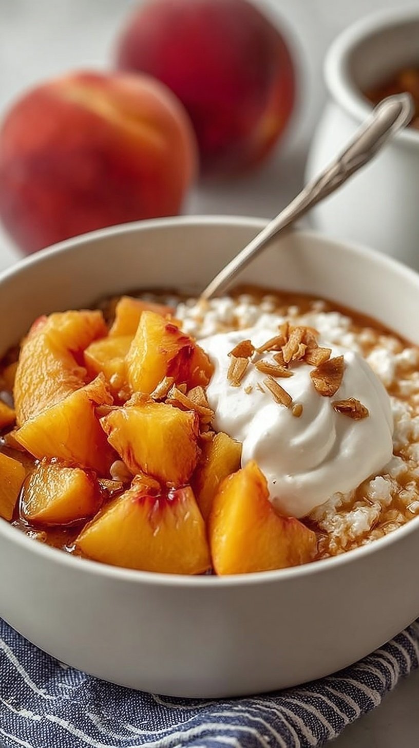 A fresh peach cottage cheese bowl topped with sliced peaches, honey, and walnuts.