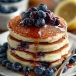 A tall stack of fluffy lemon berry pancakes topped with fresh blueberries and maple syrup