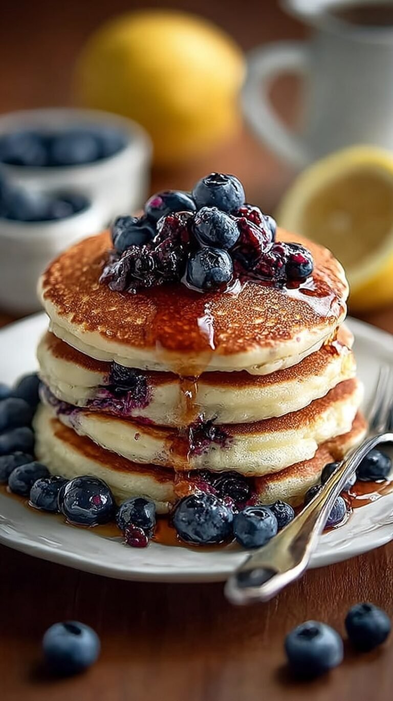 A tall stack of fluffy lemon berry pancakes topped with fresh blueberries and maple syrup