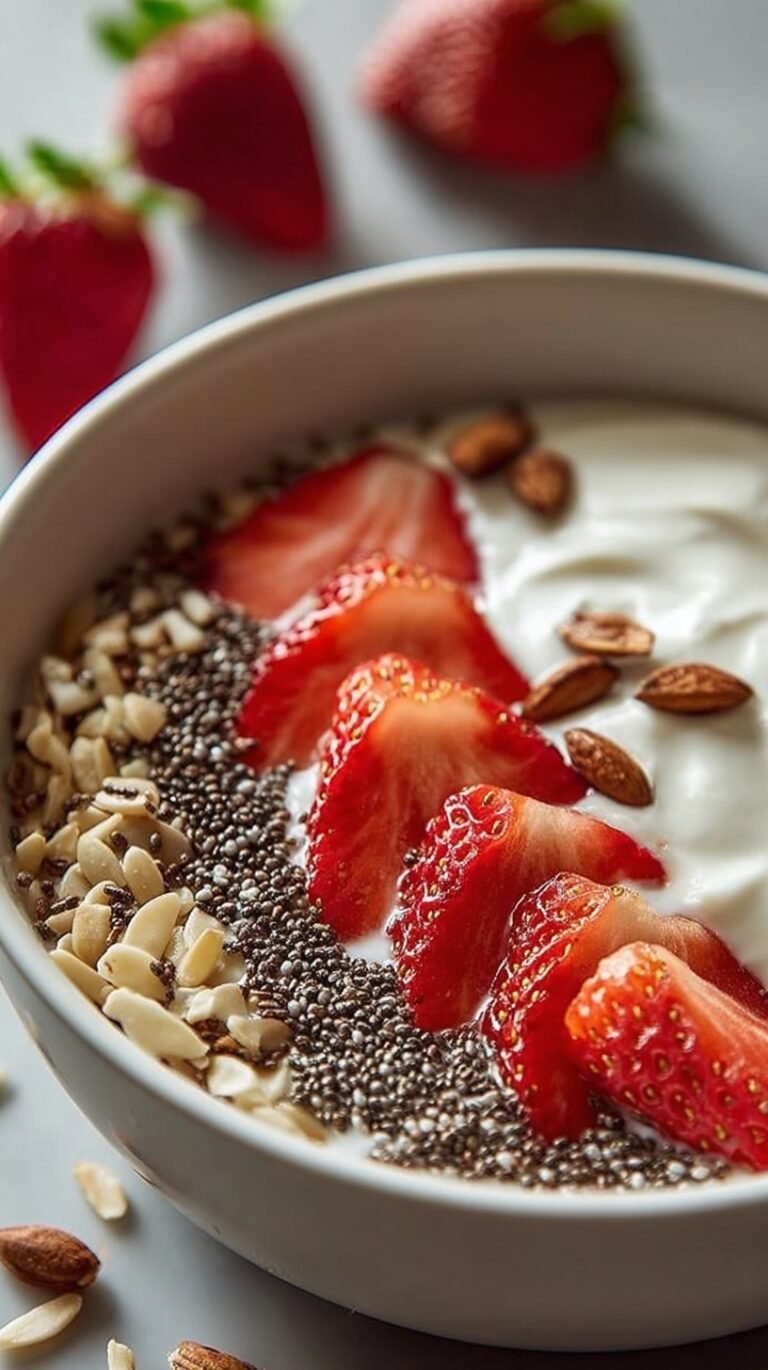 A creamy strawberry yogurt chia bowl topped with fresh sliced strawberries and crunchy almonds in a white ceramic bowl.