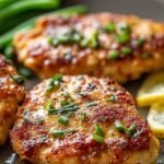 Golden brown air fryer garlic herb chicken cutlets on a white plate with fresh parsley