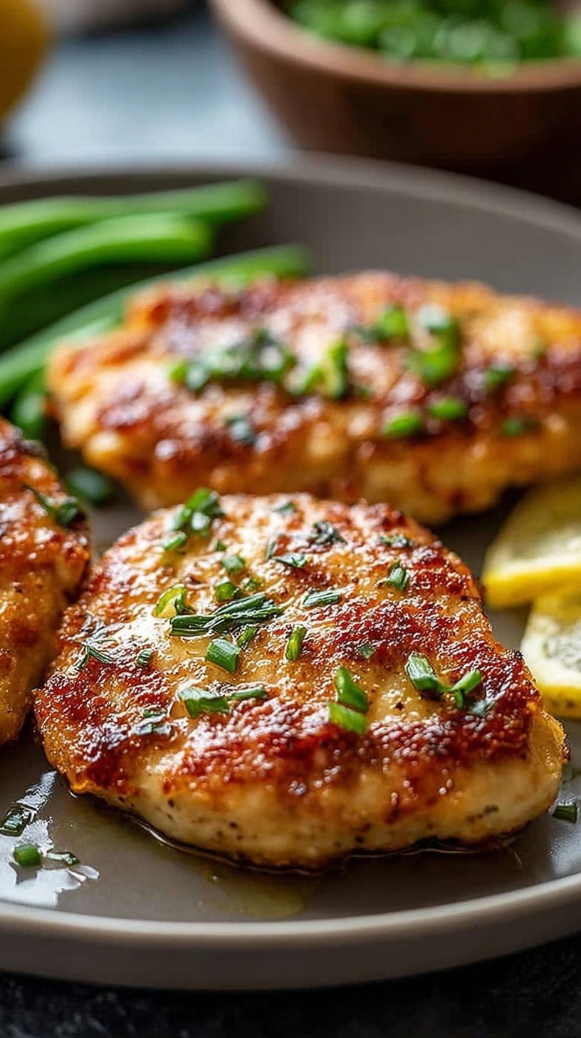 Golden brown air fryer garlic herb chicken cutlets on a white plate with fresh parsley