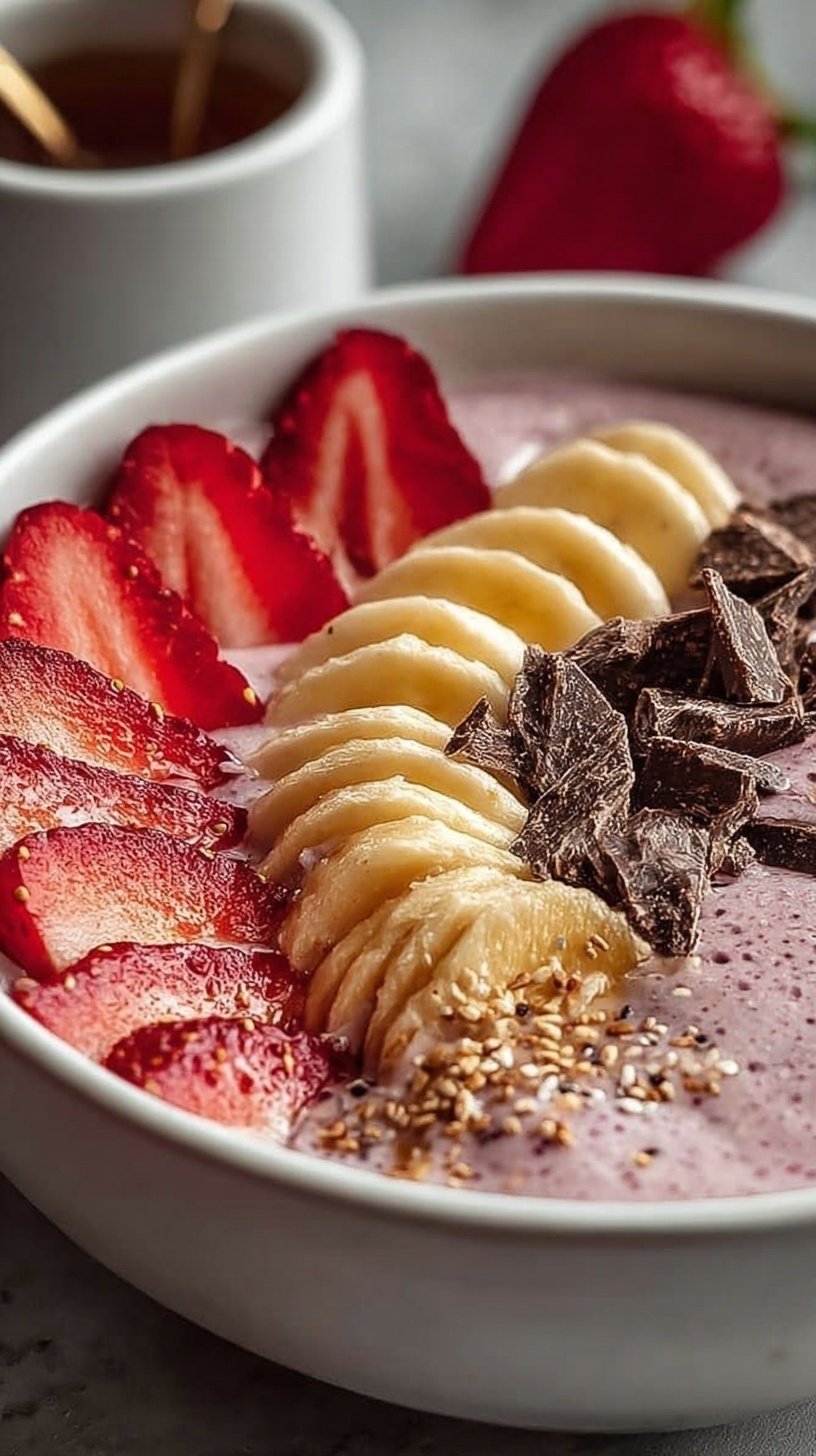 A thick pink strawberry smoothie bowl topped with fresh berries, granola, and seeds in a white bowl.