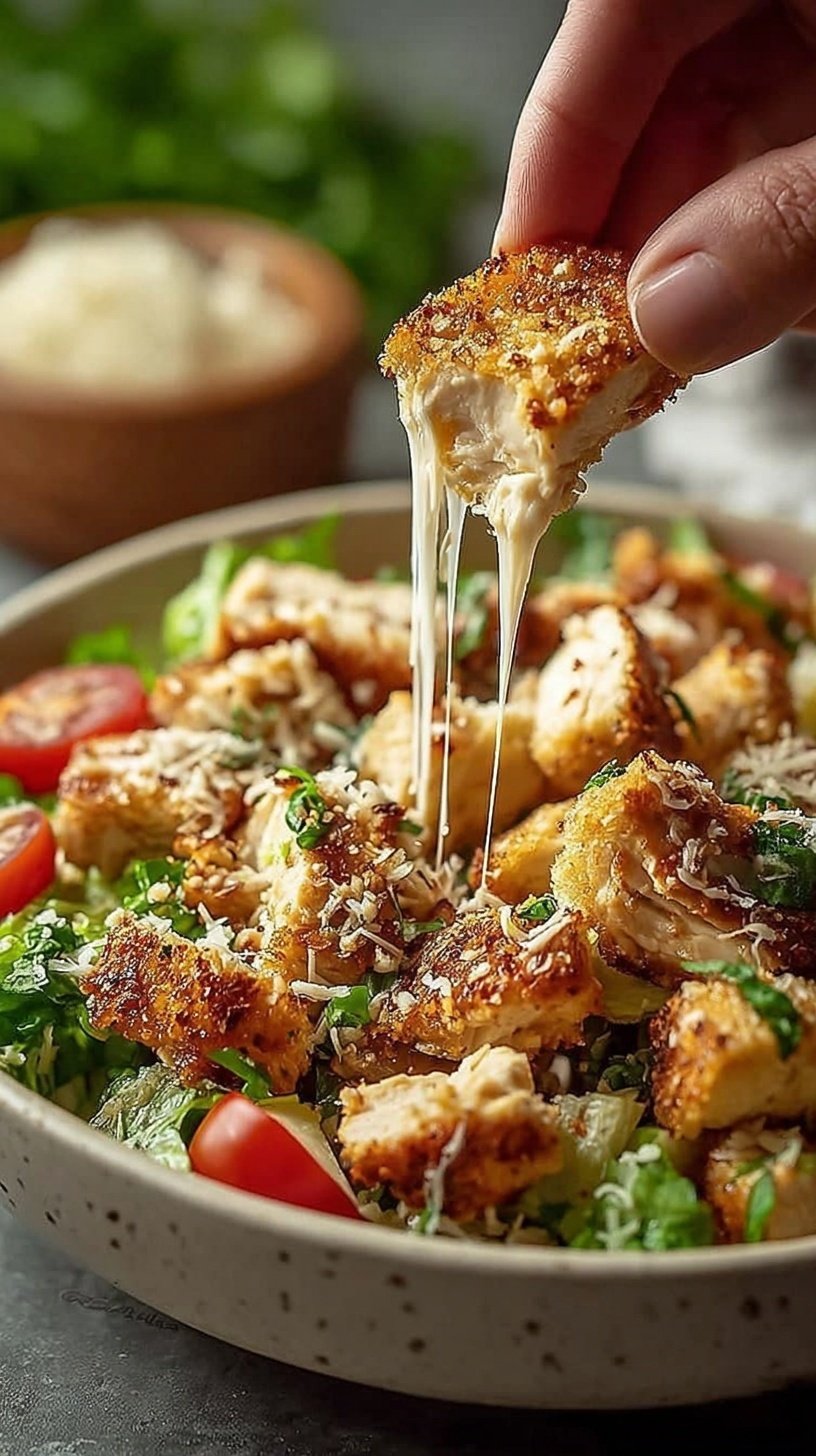 A fresh chopped chicken caesar salad with grilled chicken and parmesan cheese in a large bowl