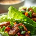A platter of fresh Bibb lettuce leaves filled with savory ground turkey and colorful vegetables, garnished with cilantro.