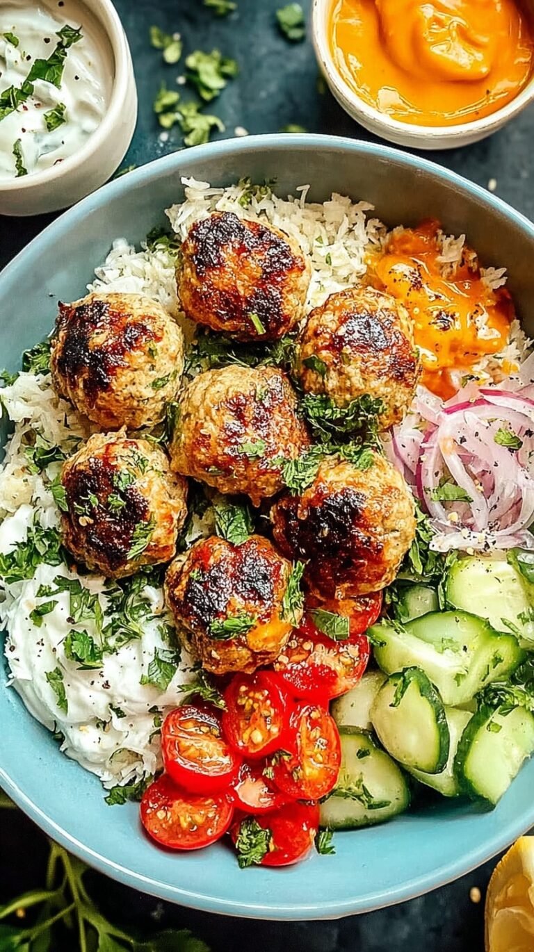 A tray of golden brown chicken meatballs seasoned with red harissa and fresh parsley.