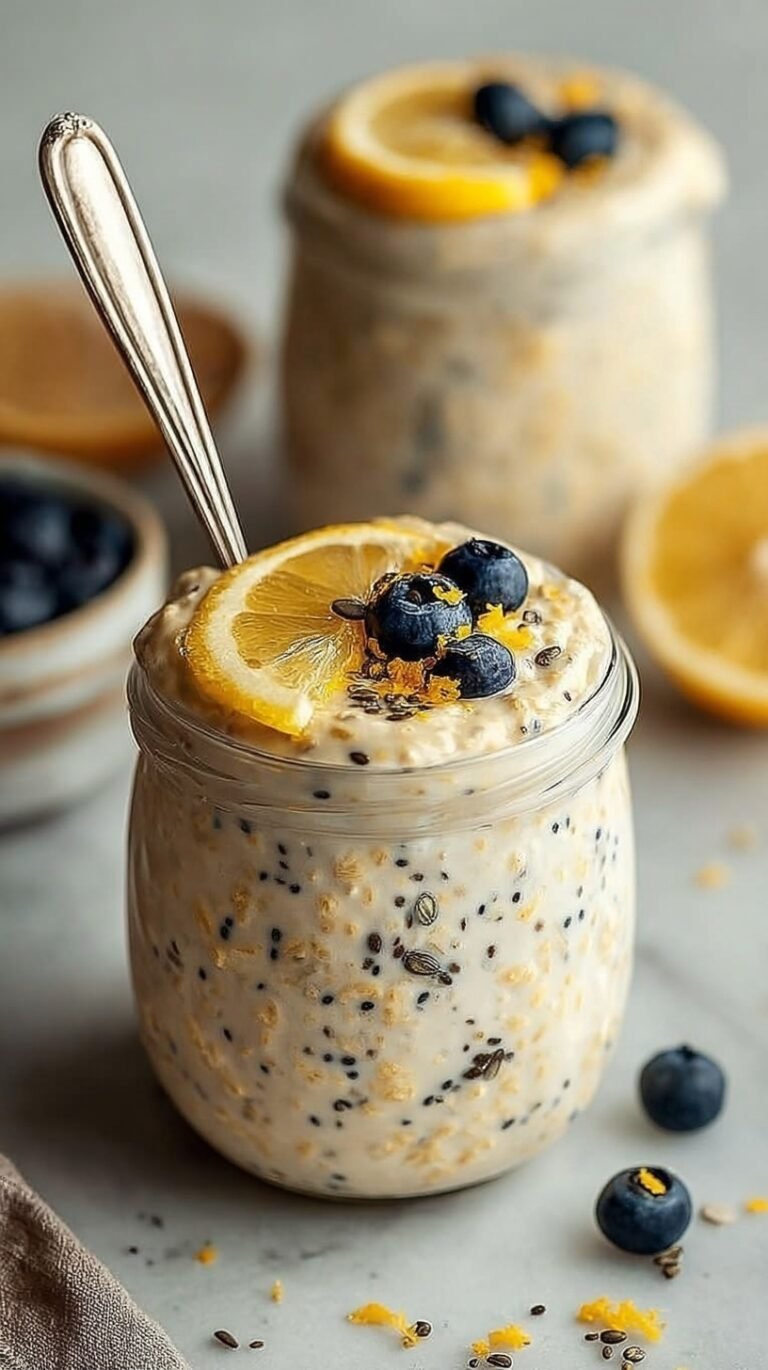 A glass jar filled with creamy lemon poppyseed overnight oats topped with fresh lemon zest and a sprig of mint.
